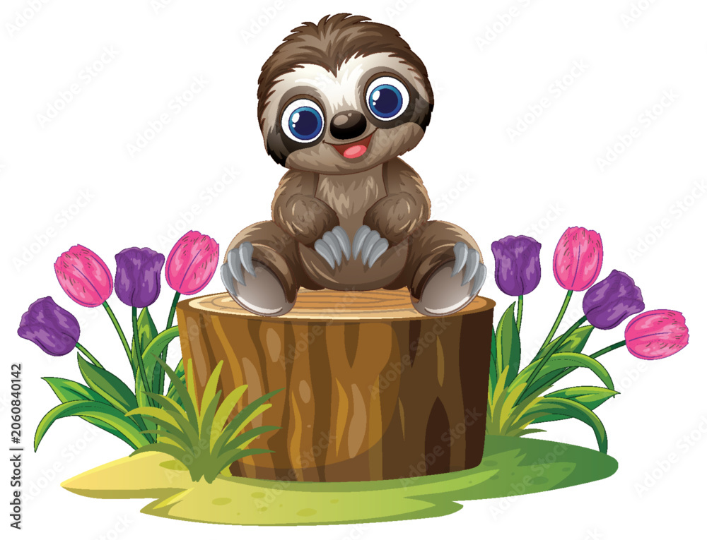 Fototapeta premium Cute Cartoon Sloth Sitting on a Tree Stump with Tulips