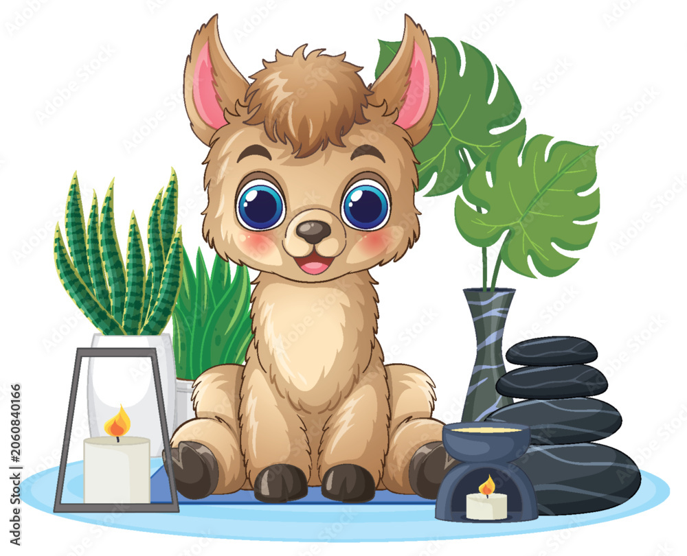 Fototapeta premium Cute Cartoon Alpaca Sitting with Spa Stones and Tropical Plants