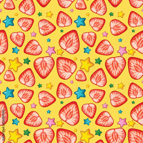 Seamless Vector Pattern with Sliced Strawberries and Colorful Stars