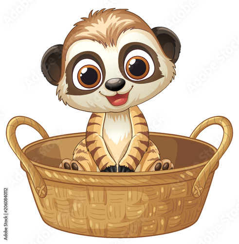 Cute Cartoon Meerkat Sitting Inside a Woven Wicker Basket