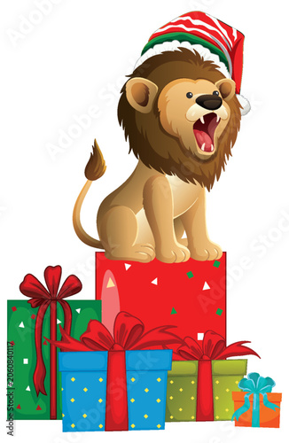 Cartoon Lion Wearing Santa Hat Sitting on Christmas Gift Boxes