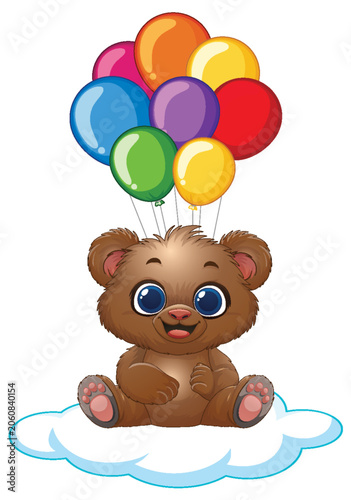 Cute Cartoon Baby Bear Sitting on Cloud with Colorful Balloons