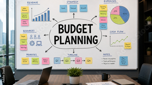 Business budget planning concept on a whiteboard with charts, sticky notes, timeline, revenue, expenses, and cash flow diagrams in an office setting.