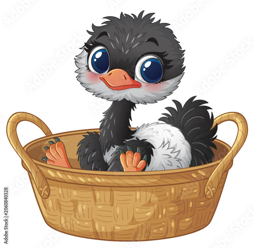 Cute Cartoon Baby Ostrich Sitting Inside a Woven Wicker Basket