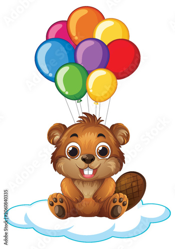 Cute Cartoon Beaver Floating on a Cloud with Colorful Balloons