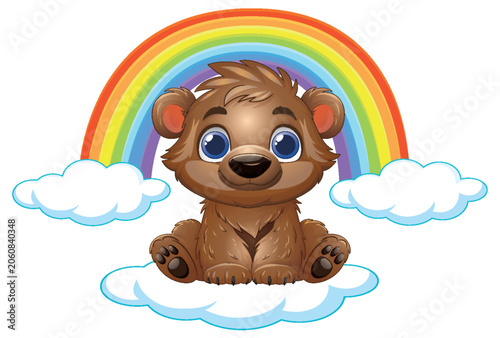Cute Cartoon Baby Bear Sitting on a Cloud with Rainbow