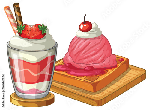 Strawberry Parfait and Belgian Waffle with Pink Ice Cream and Cherry