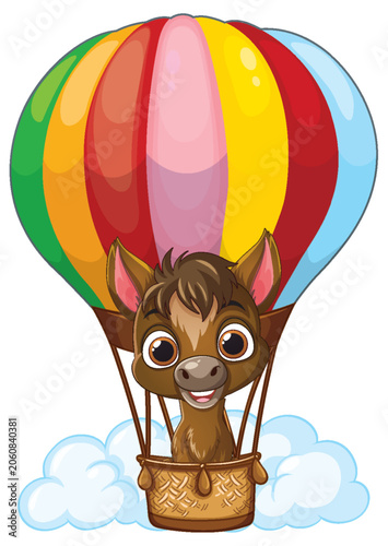 Cartoon Horse Character Flying in a Colorful Hot Air Balloon