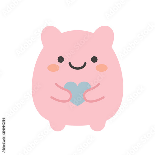 Cute Pink Cartoon Pig Character Smiling with Blue Heart Hands Isolated on White Background