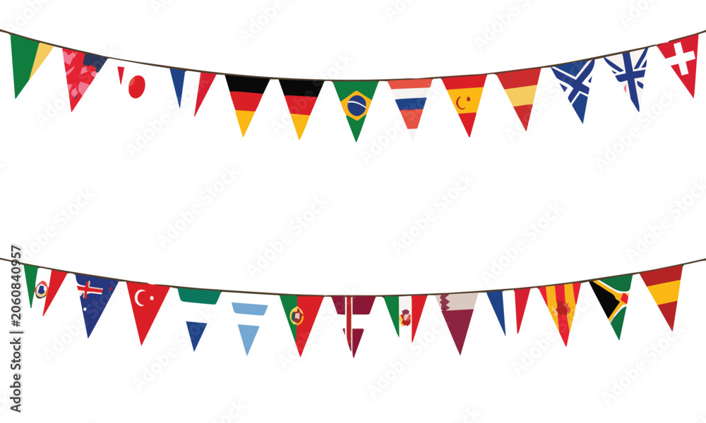 Obraz premium International flags strung on cord against white background during daylight celebration concept