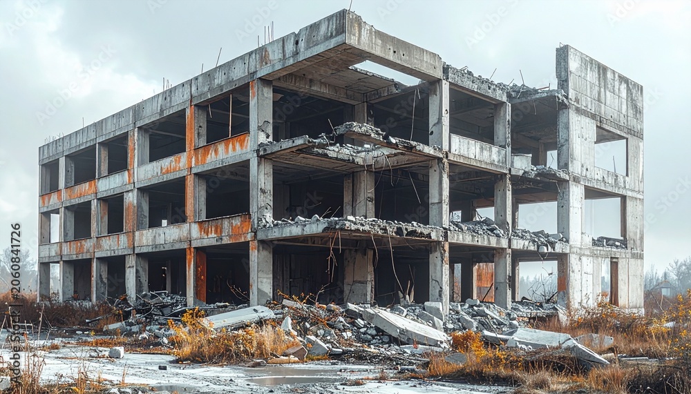 Fototapeta premium Abandoned Concrete Building Ruins After Demolition Disaster Scene 4K