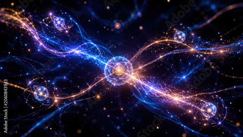 Quantum mechanics visualization with illuminated particle trajectories and atomic interactions showing energy transfer in glowing blue orange cosmic scientific simulation concept