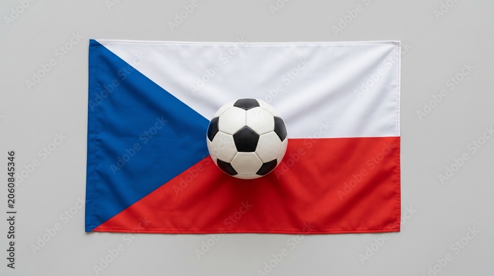 Naklejka premium Czech Republic flag with blue triangle and soccer ball, symbolizing national pride, unity, and passion for football through vibrant colors and cultural identity in striking composition.