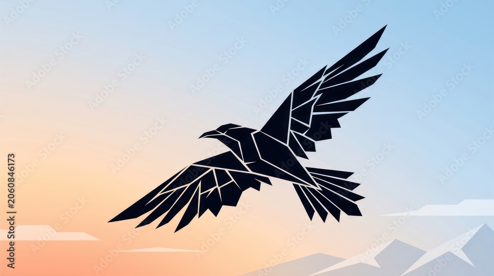 Fototapeta premium Geometric raven silhouette soaring against sky with mountains and clouds