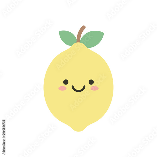 Cute smiling lemon character with green leaves isolated on white background