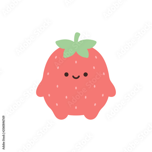 Cute Cartoon Strawberry Character with Smiling Face and Green Leaves on White Background