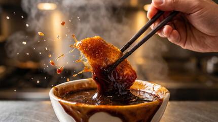 Close Up Dipping Crispy Peking Duck into Splashing Plum Sauce