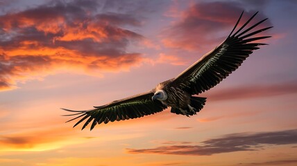Bald eagle soars through vibrant orange and purple sunset sky with wings spread wide