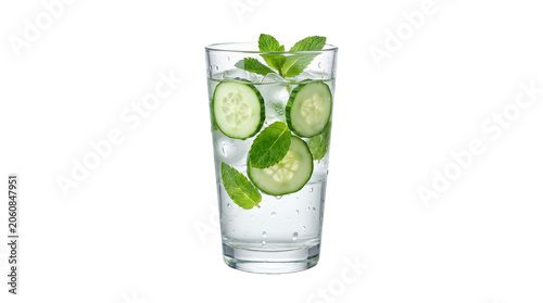 Refreshing detox water glass with cucumber slices mint leaves ice cubes on white background healthy cold organic summer drink hydration beverage liquid