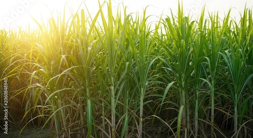 Lush stalks of vibrant sugarcane grow densely in a bright field, representing the botanical origin of glycolic acid used in beauty products, growth, crops, sugarcane