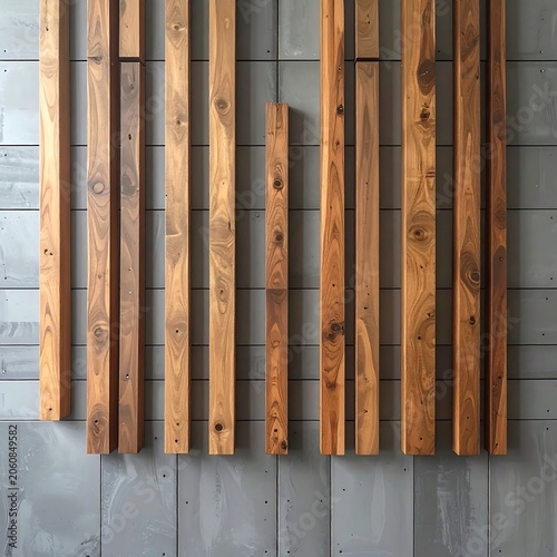Vertical wooden slats on gray wall surface architectural texture pattern