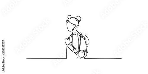 Quadro em tela Continuous line drawing of a woman with a backpack sitting on the floor looking