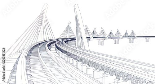 Quadro em tela Modern Cable-Stayed Railway Bridge Vector Illustration
