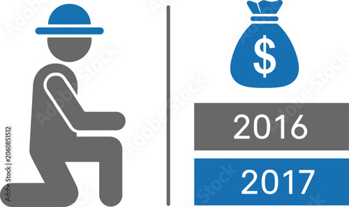 Schilderij op canvas Financial data infographic icon with stick figure worker kneeling beside money b