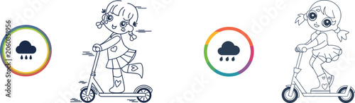 Fotografie Little anime girl characters riding push kick scooter bundle alongside rainy clo