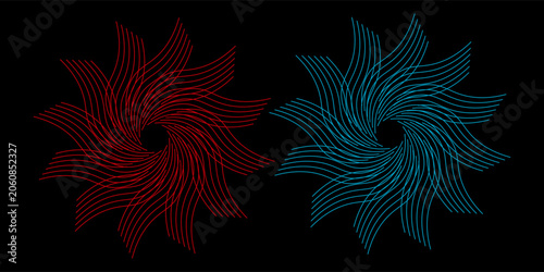 Tableau sur toile Abstract Red And Blue Spiral Line Designs On Black Background With Neon Geometri