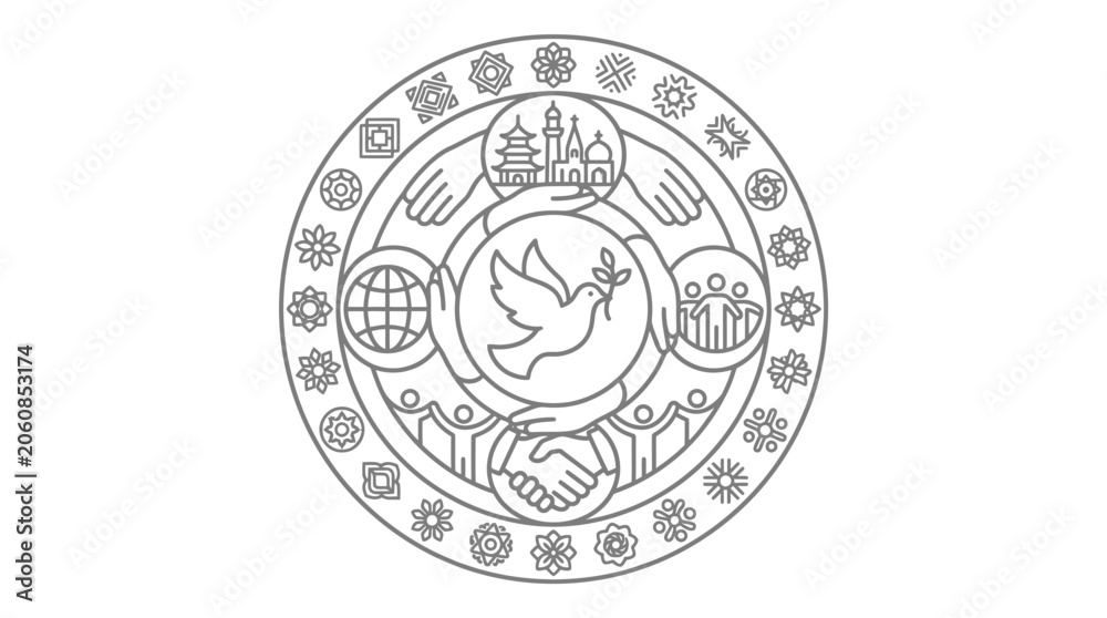 Naklejka premium Circular emblem for world peace and interfaith harmony.