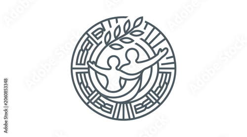 Photos Emblem of two people embracing within an olive branch wreath.