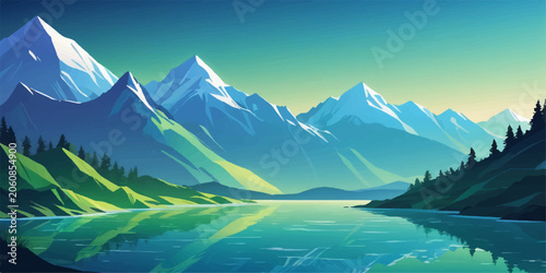 Fotografie Mountain lake landscape surrounded by snowy alpine mountains with clear sky, for