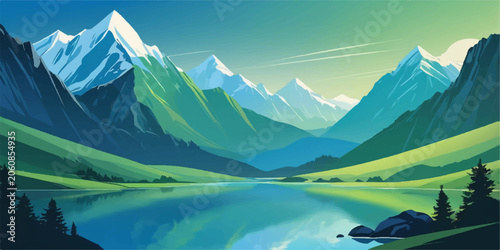 Foto Mountain landscape with lake and river surrounded by snowy mountains, blue sky r