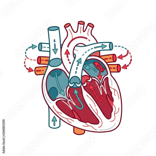 Tableau sur toile Anatomical illustration of the human heart with blood flow.