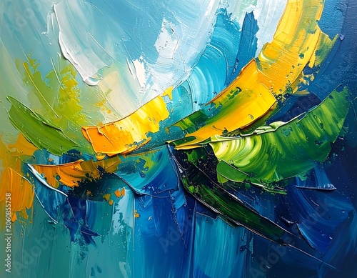 Vibrant Abstract Oil Painting with Bold Brushstrokes of Yellow Green and Blue.