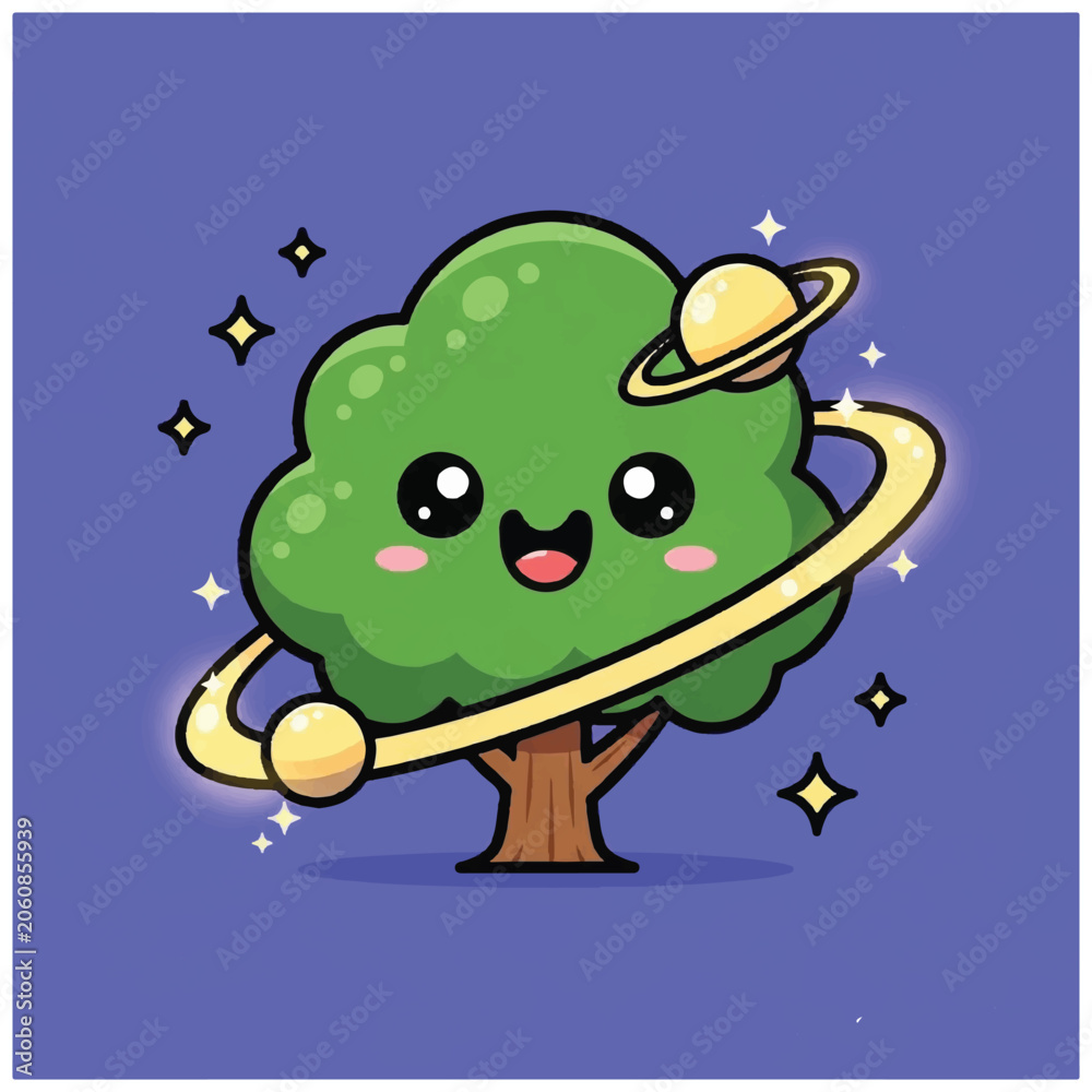 Obraz premium Smiling Cartoon Tree with Planet Ring.