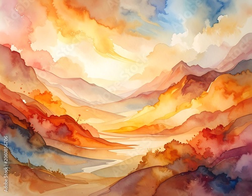 Vibrant abstract watercolor landscape with mountain layers and golden light