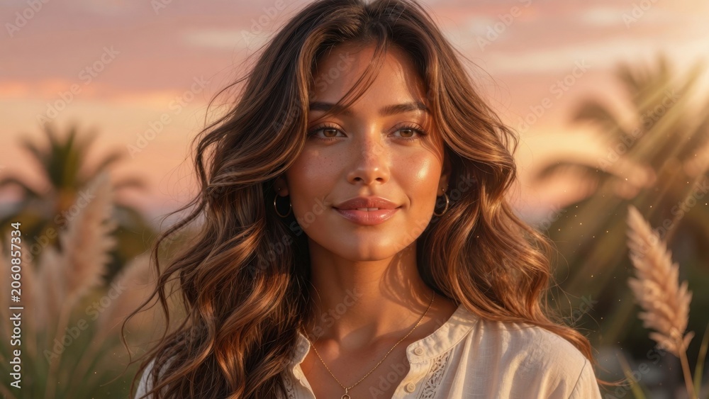 Fototapeta premium Young woman smiling at sunset in grassy outdoor scene