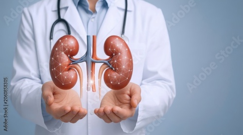 doctor holding digital kidney model for nephrology and medical innovation concepts.
