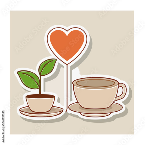 Flat design illustration of coffee cup, plant, and heart