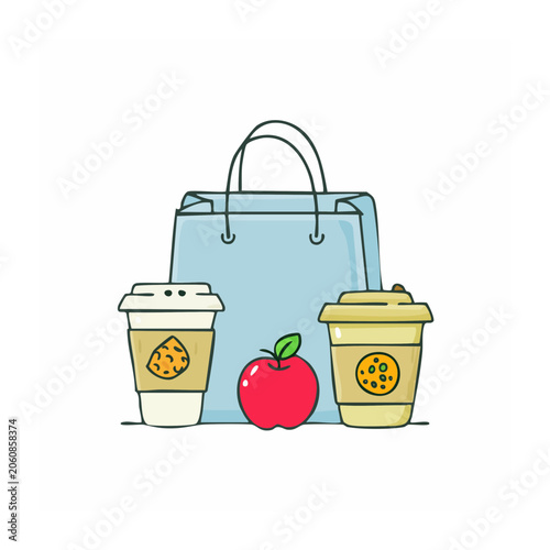 Flat design illustration of shopping bag and coffee cups with apple
