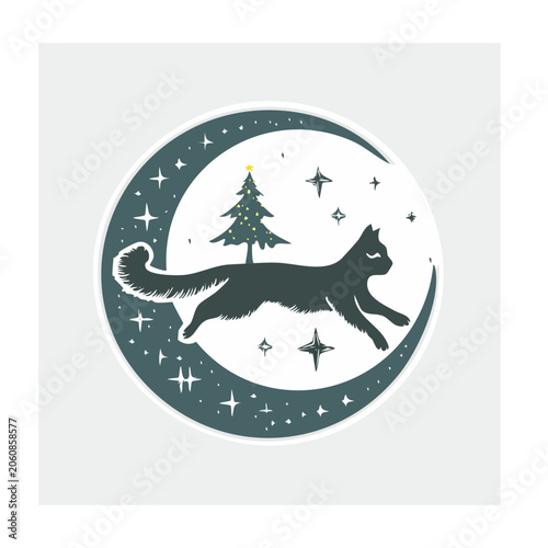 Minimalist Cat and Christmas Tree Illustration