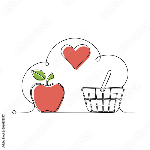 Minimalist illustration of apple, basket, and heart