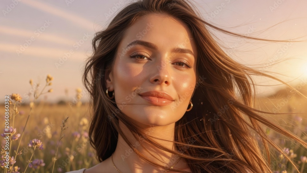 Fototapeta premium Young woman smiling in wind in wildflower field at sunset