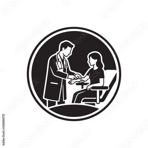 Circular black and white of a doctor examining a patient arm, isolated on a white background, for medical consultation, and checkup