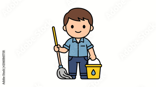 Schilderij op canvas Janitor man holding a mop and a cleaning bucket stands ready for professional maintenance tasks