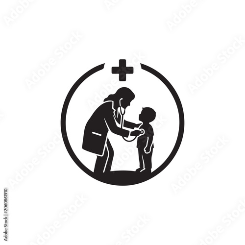 Circular black and white of a doctor using a stethoscope to examine a child, isolated on a white background, for pediatric health