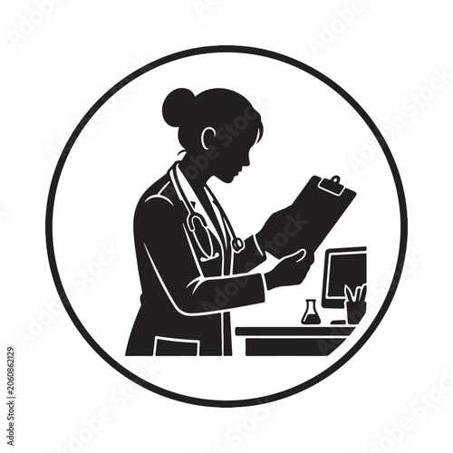 Circular featuring a silhouette of a female doctor with a stethoscope around her neck, reviewing a patient medical chart on a clipboard