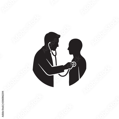 Circular of a doctor using a stethoscope to examine a patient, black and white silhouette for medical checkup services